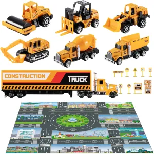 TEMI Diecast Engineering Construction Vehicle Toy Set w/Play Mat,Truck Carrier, Forklift, Bulldozer, Excavator,Dump Truck, Alloy Metal Car Toys Set for 3 4 5 6 Years Old Toddlers Kids Boys & Girls