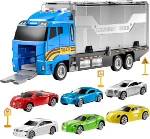 TEMI Transport Truck Toy Set with Play Mat, Carrier Truck Toys for Kids Toddlers, Die-Cast Metal Toy Car Set, Truck Car Kids Toys Christmas Birthday Gift for Age 3 4 5 6   Years Old Boys Girls