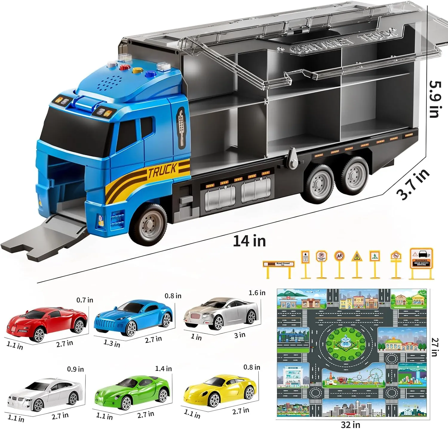 TEMI Transport Truck Toy Set with Play Mat, Carrier Truck Toys for Kids Toddlers, Die-Cast Metal Toy Car Set, Truck Car Kids Toys Christmas Birthday Gift for Age 3 4 5 6   Years Old Boys Girls