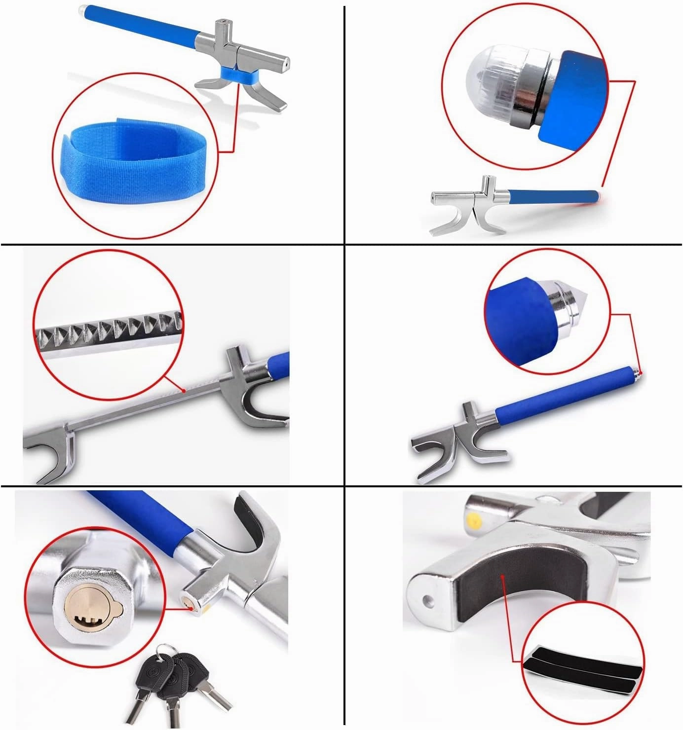 Tevlaphee Steering Wheel Lock Anti-Theft Car Device, Blue, Key Lock, Protects Against Prying, Sawing, Hammering, and Freon Attacks