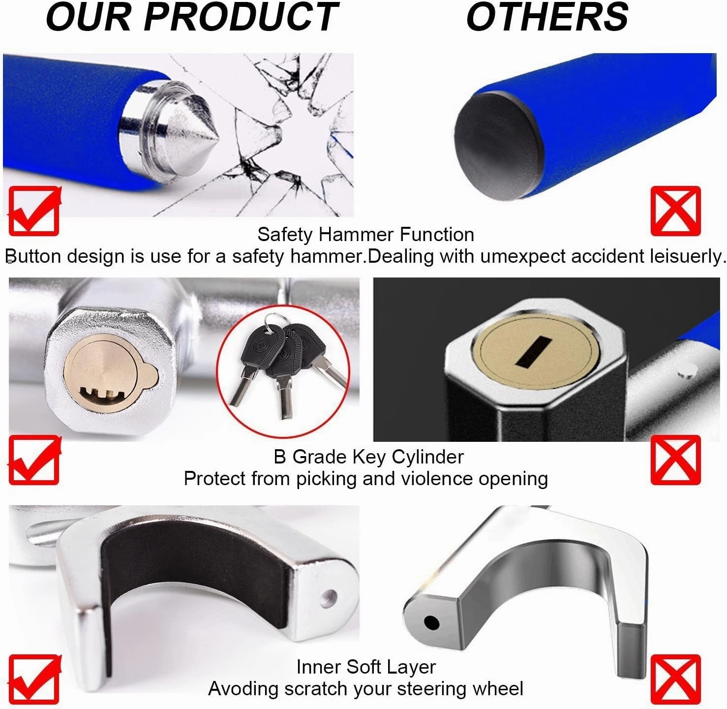 Tevlaphee Steering Wheel Lock Anti-Theft Car Device, Blue, Key Lock, Protects Against Prying, Sawing, Hammering, and Freon Attacks