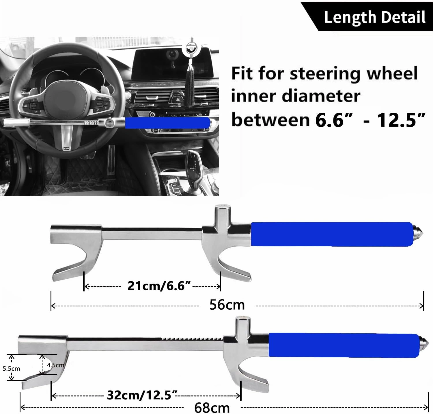 Tevlaphee Steering Wheel Lock Anti-Theft Car Device, Blue, Key Lock, Protects Against Prying, Sawing, Hammering, and Freon Attacks