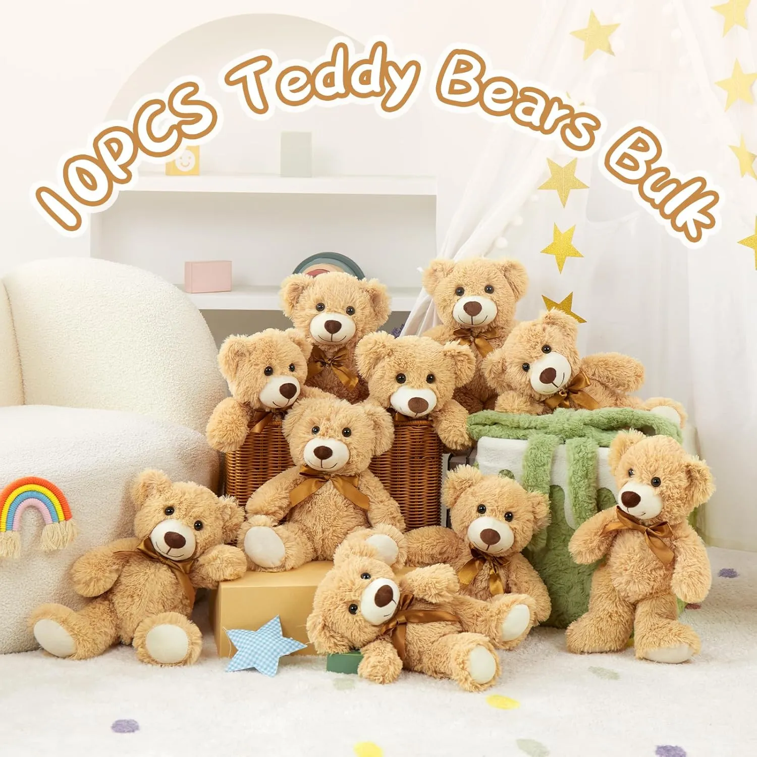 Tezituor Teddy Bears Stuffed Animals Bulk 10 Packs, 14 Inch Small Bears Plush for Baby Shower Cute Stuffed Bears Gift for Kids on Christmas, Birthday, Valentines, Light Brown
