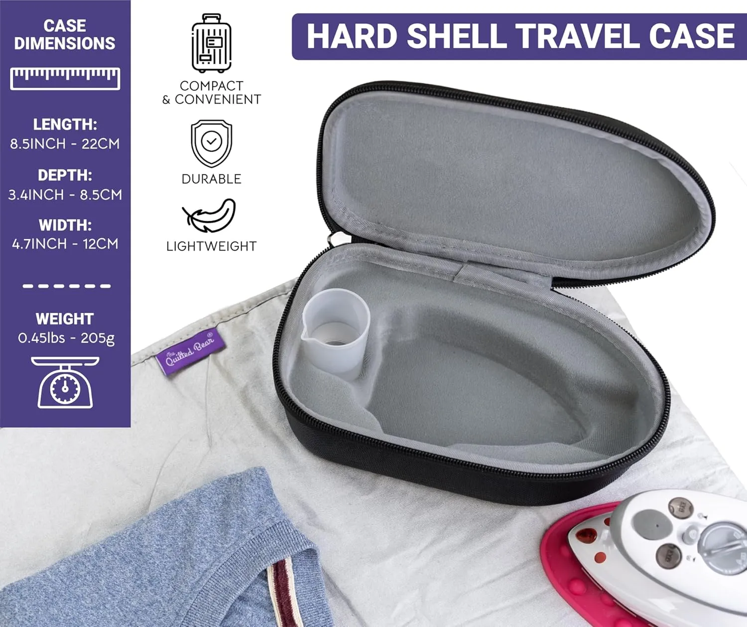 The Quilted Bear Mini Iron - Lightweight Mini Steam Iron with Ceramic Sole Base Plate & Temperature Gauge for Quilting, Crafts or use as a Travel Steamer (Black Case)