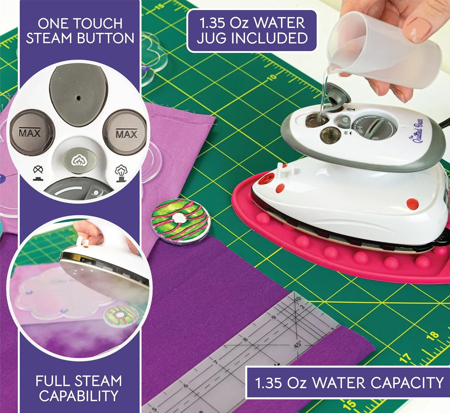The Quilted Bear Mini Iron - Lightweight Mini Steam Iron with Ceramic Sole Base Plate & Temperature Gauge for Quilting, Crafts or use as a Travel Steamer (Black Case)