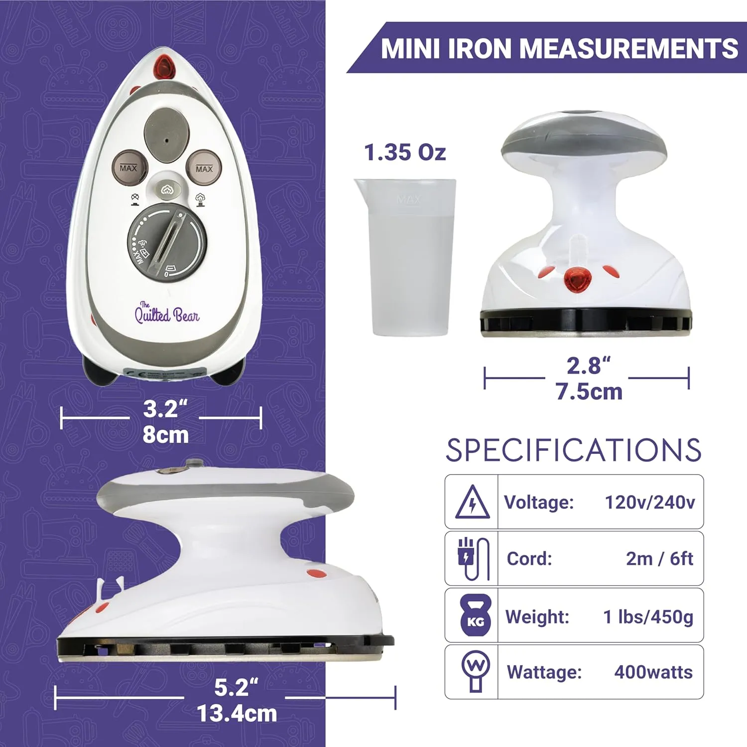 The Quilted Bear Mini Iron - Lightweight Mini Steam Iron with Ceramic Sole Base Plate & Temperature Gauge for Quilting, Crafts or use as a Travel Steamer (Black Case)