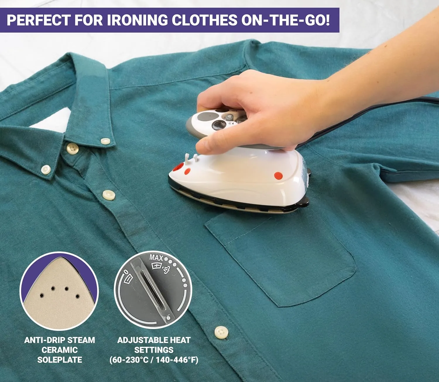 The Quilted Bear Mini Iron - Lightweight Mini Steam Iron with Ceramic Sole Base Plate & Temperature Gauge for Quilting, Crafts or use as a Travel Steamer (Black Case)