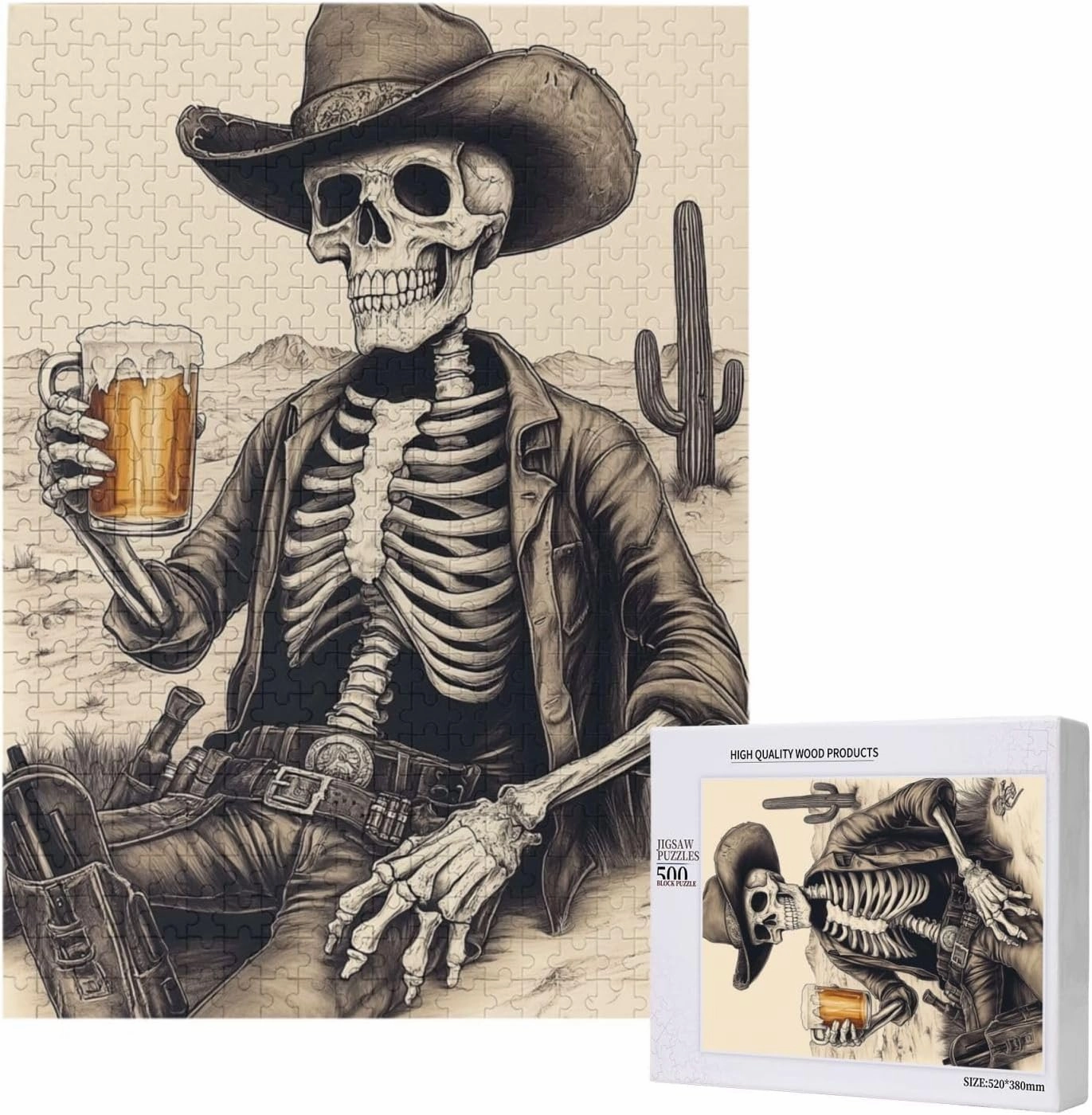 The Skeletons in The Desert Drink Alcohol,500 Piece Wooden Puzzle for Adults,Unique Artwork for Adults,Brain Training Challenge,Stress Relief Activity,Eco-Friendly Woodens Pieces