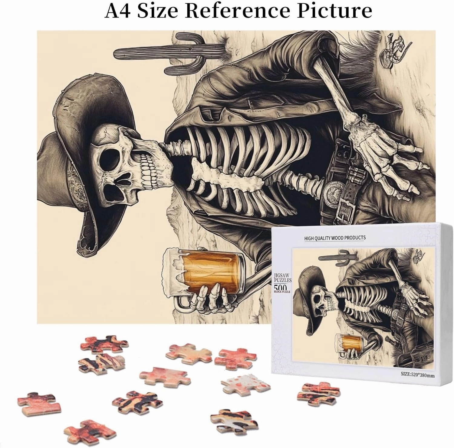 The Skeletons in The Desert Drink Alcohol,500 Piece Wooden Puzzle for Adults,Unique Artwork for Adults,Brain Training Challenge,Stress Relief Activity,Eco-Friendly Woodens Pieces
