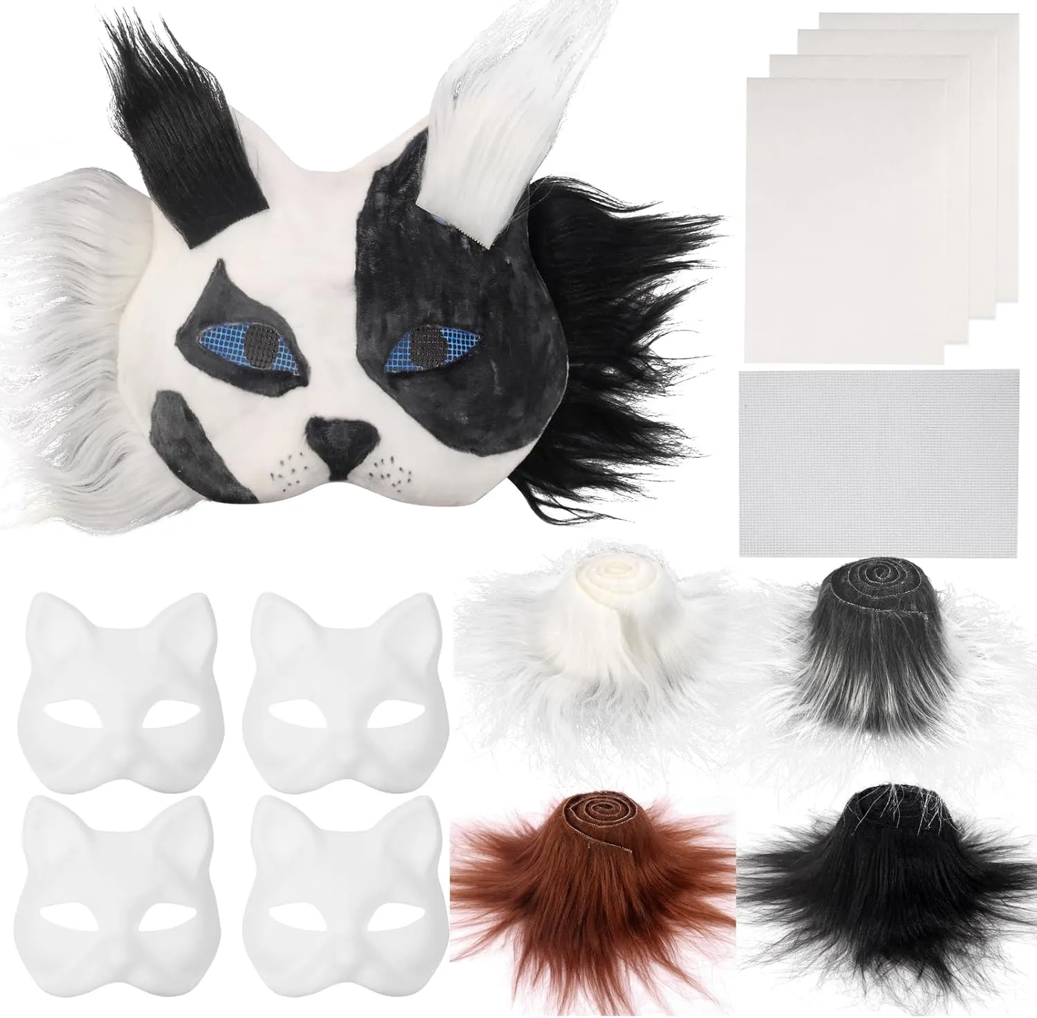 Therian Mask Kit with Fur & Eye Mesh and Felt Sheet 13PCS Cat Masks DIY to Paint Furry Animal Mask Gear for Halloween