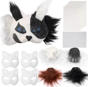Therian Mask Kit with Fur & Eye Mesh and Felt Sheet 13PCS Cat Masks DIY to Paint Furry Animal Mask Gear for Halloween