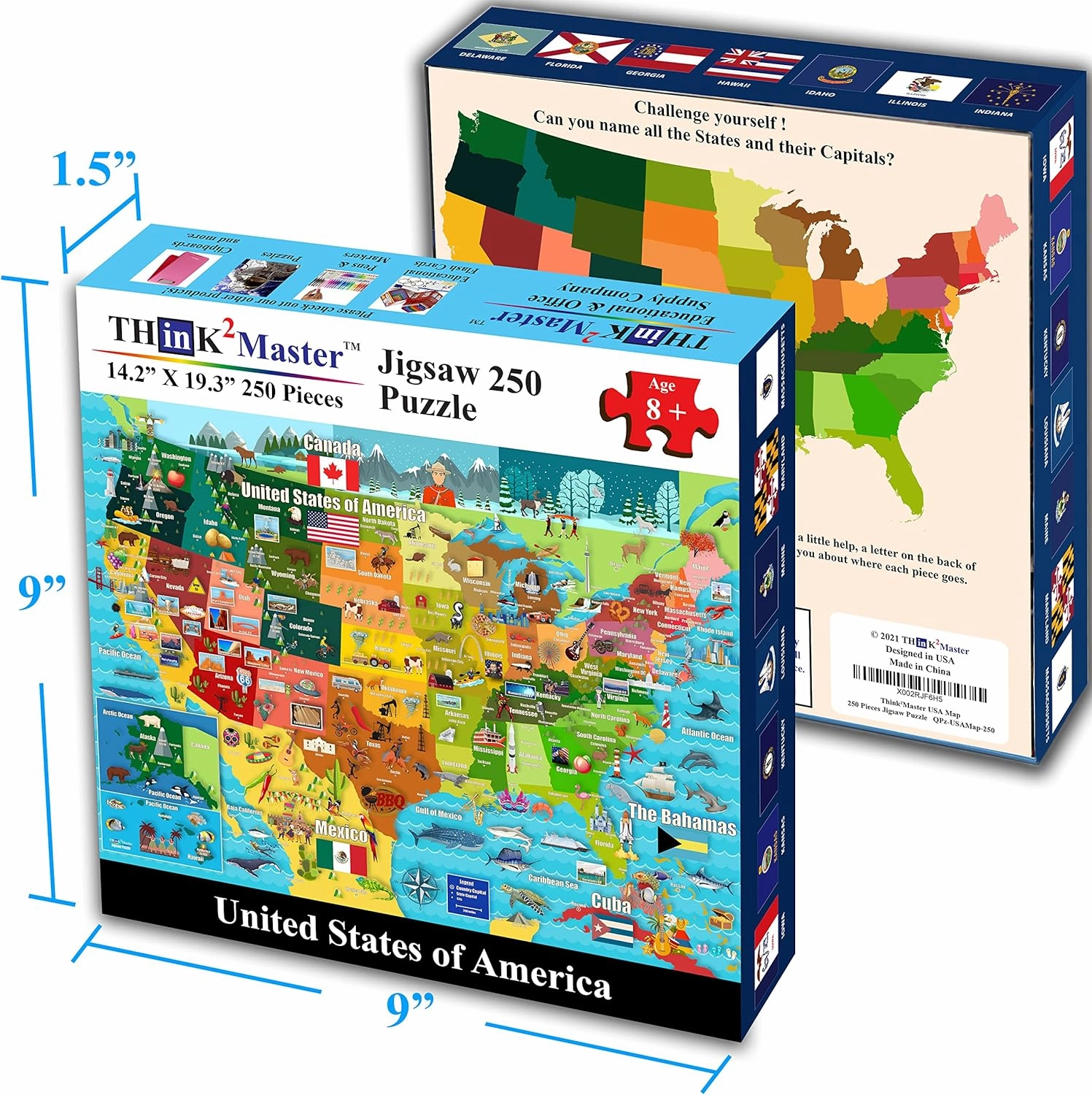 Think2Master United States Map 250 Pieces Jigsaw Puzzle Fun Educational Toy for Kids 8-10 10-12, School & Families. Great Gift for 8  to Stimulate Learning of USA. Size: 14.2” X 19.3”