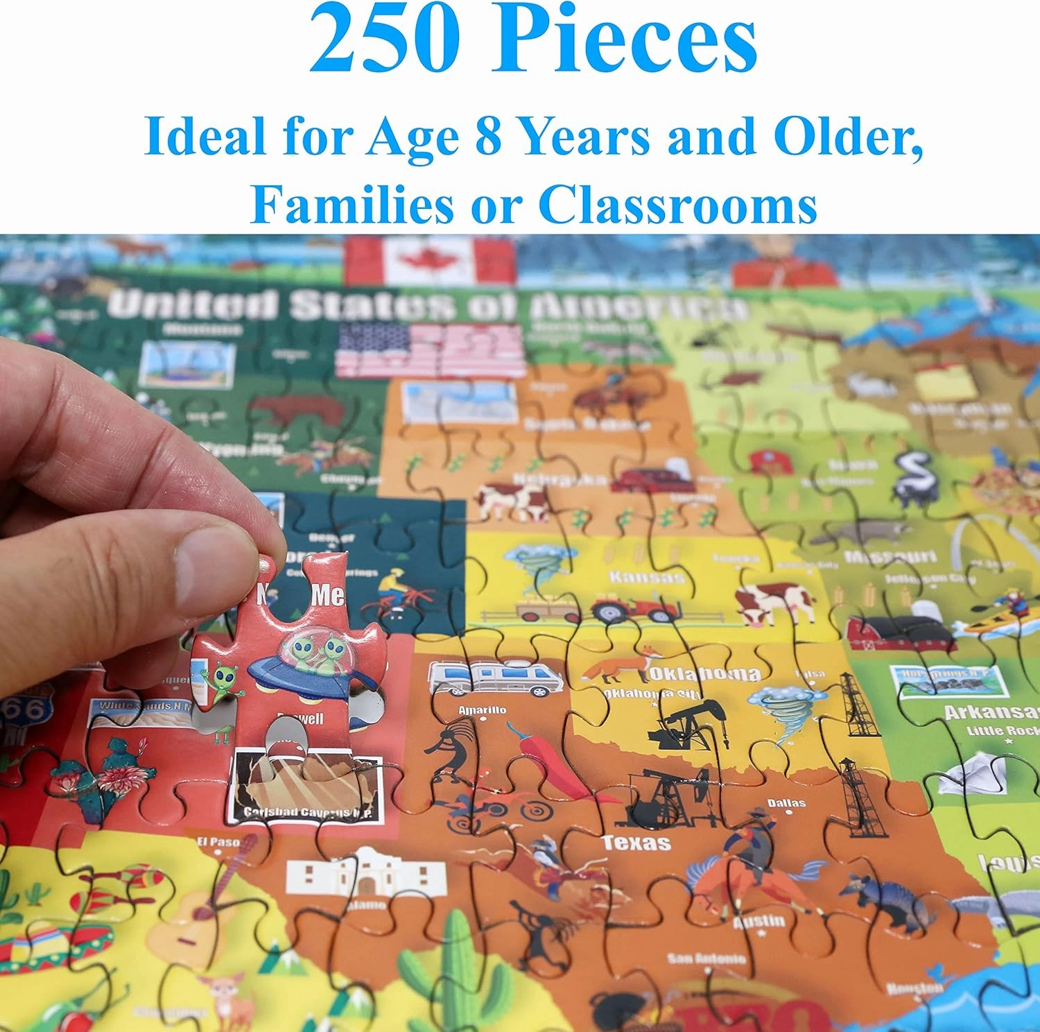 Think2Master United States Map 250 Pieces Jigsaw Puzzle Fun Educational Toy for Kids 8-10 10-12, School & Families. Great Gift for 8  to Stimulate Learning of USA. Size: 14.2” X 19.3”