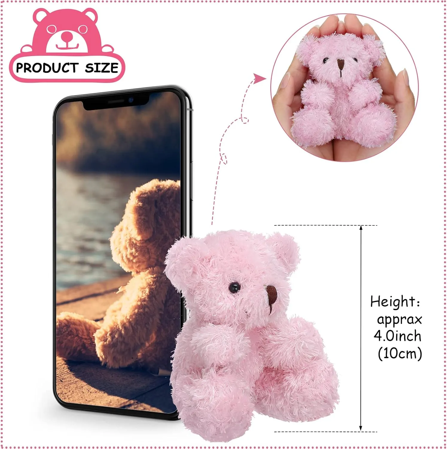 Threan 8 Pcs Mini Plush Bears 4'' Small Bear Bulk Stuffed Animal Toys Tiny Soft Bear Doll Present Stuffers for Keychain Baby Shower Party Favors Supplies(Pink)
