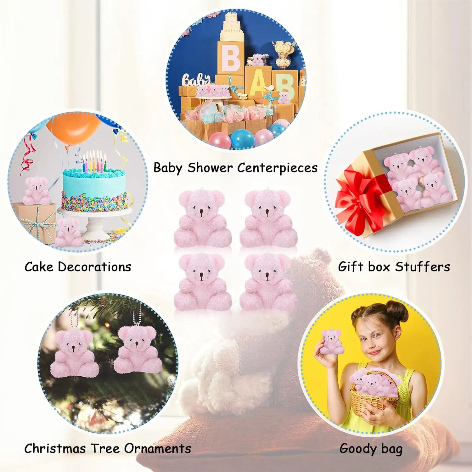 Threan 8 Pcs Mini Plush Bears 4'' Small Bear Bulk Stuffed Animal Toys Tiny Soft Bear Doll Present Stuffers for Keychain Baby Shower Party Favors Supplies(Pink)