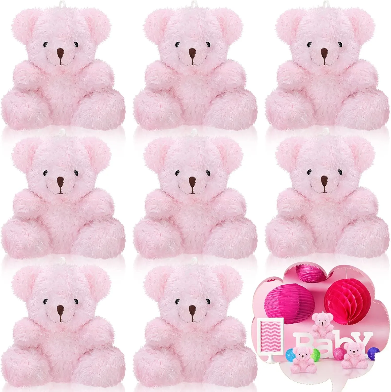 Threan 8 Pcs Mini Plush Bears 4'' Small Bear Bulk Stuffed Animal Toys Tiny Soft Bear Doll Present Stuffers for Keychain Baby Shower Party Favors Supplies(Pink)