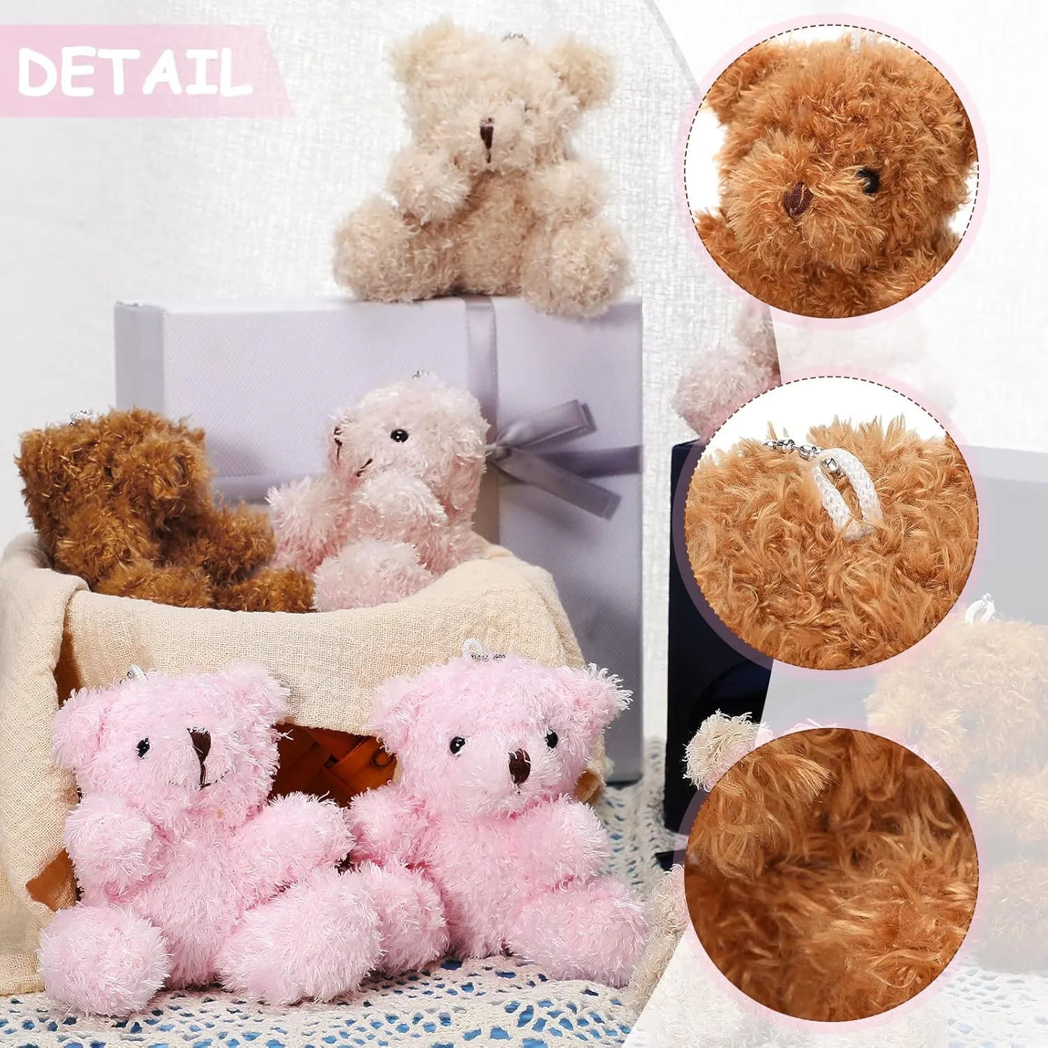 Threan 8 Pcs Mini Plush Bears 4'' Small Bear Bulk Stuffed Animal Toys Tiny Soft Bear Doll Present Stuffers for Keychain Baby Shower Party Favors Supplies(Pink)