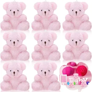 Threan 8 Pcs Mini Plush Bears 4'' Small Bear Bulk Stuffed Animal Toys Tiny Soft Bear Doll Present Stuffers for Keychain Baby Shower Party Favors Supplies(Pink)