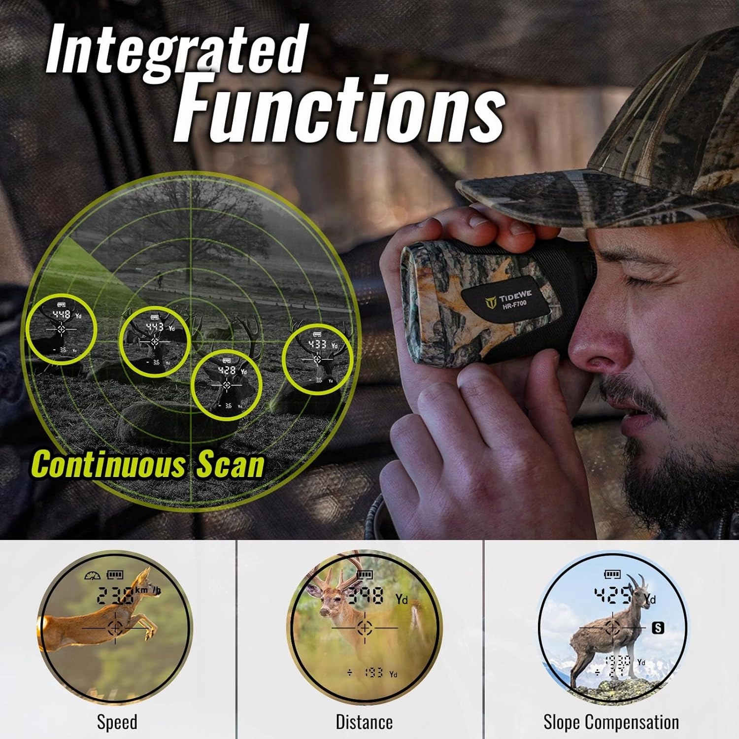 TIDEWE Hunting Rangefinder with Rechargeable Battery, 700/1000Y Camo Laser Range Finder 6X Magnification, Distance/Angle/Speed/Scan Multi Functional Waterproof Rangefinder with Case