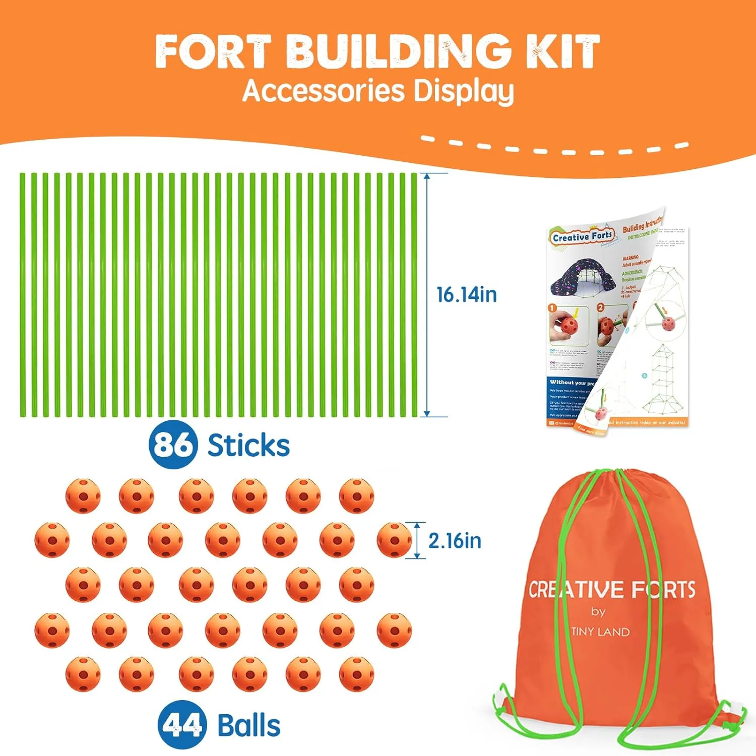 Tiny Land Fort Building Kit Creative Fort Indoor Outdoor for 5,6,7,8 Years Old Boys and Girls STEM Building Toys with Storage Bag DIY Castles Tunnels with 86 Rods and 44 Balls