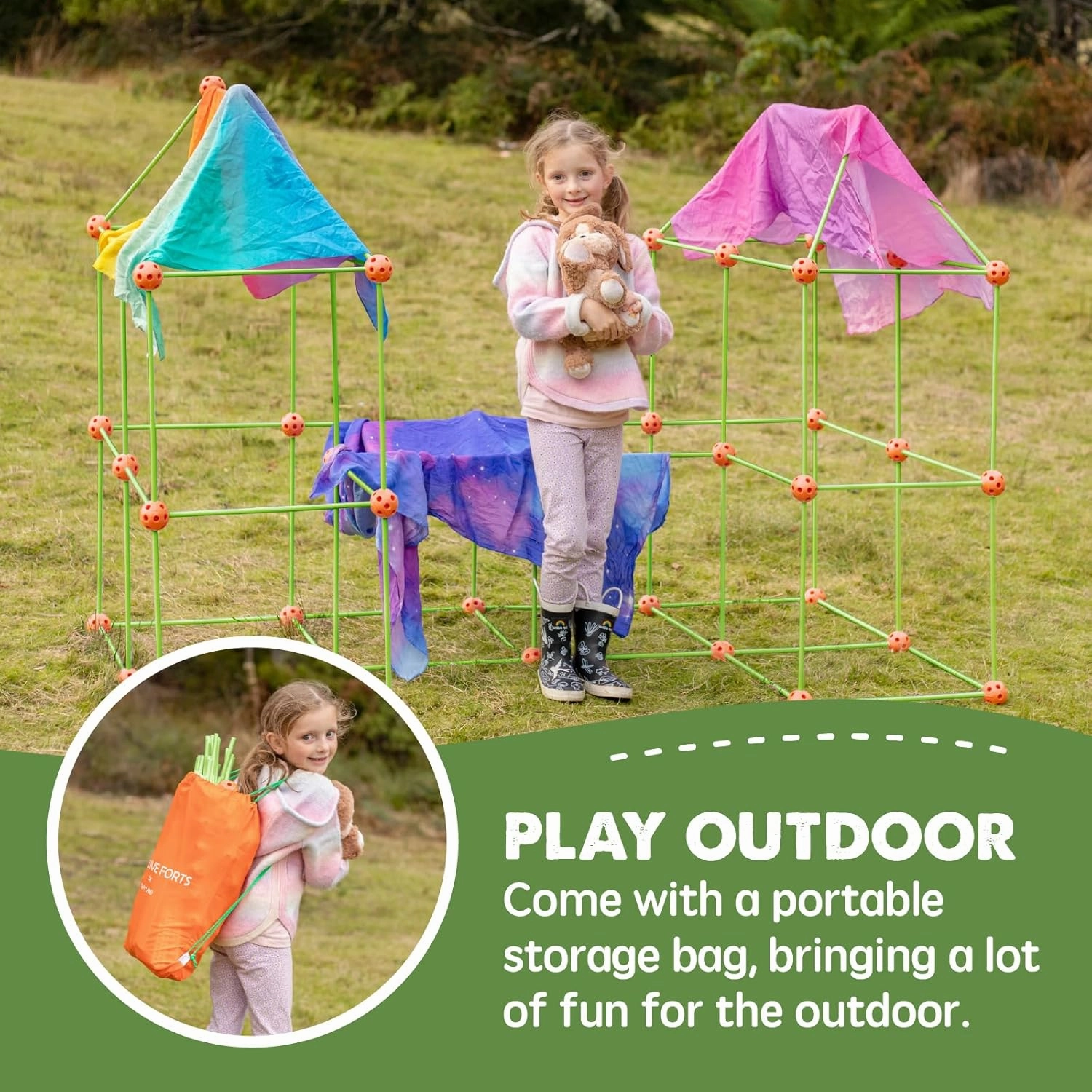Tiny Land Fort Building Kit Creative Fort Indoor Outdoor for 5,6,7,8 Years Old Boys and Girls STEM Building Toys with Storage Bag DIY Castles Tunnels with 86 Rods and 44 Balls