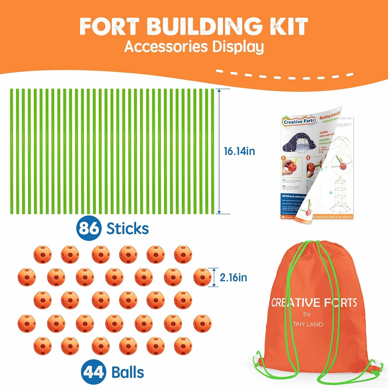Tiny Land Fort Building Kit Creative Fort Indoor Outdoor for 5,6,7,8 Years Old Boys and Girls STEM Building Toys with Storage Bag DIY Castles Tunnels with 86 Rods and 44 Balls