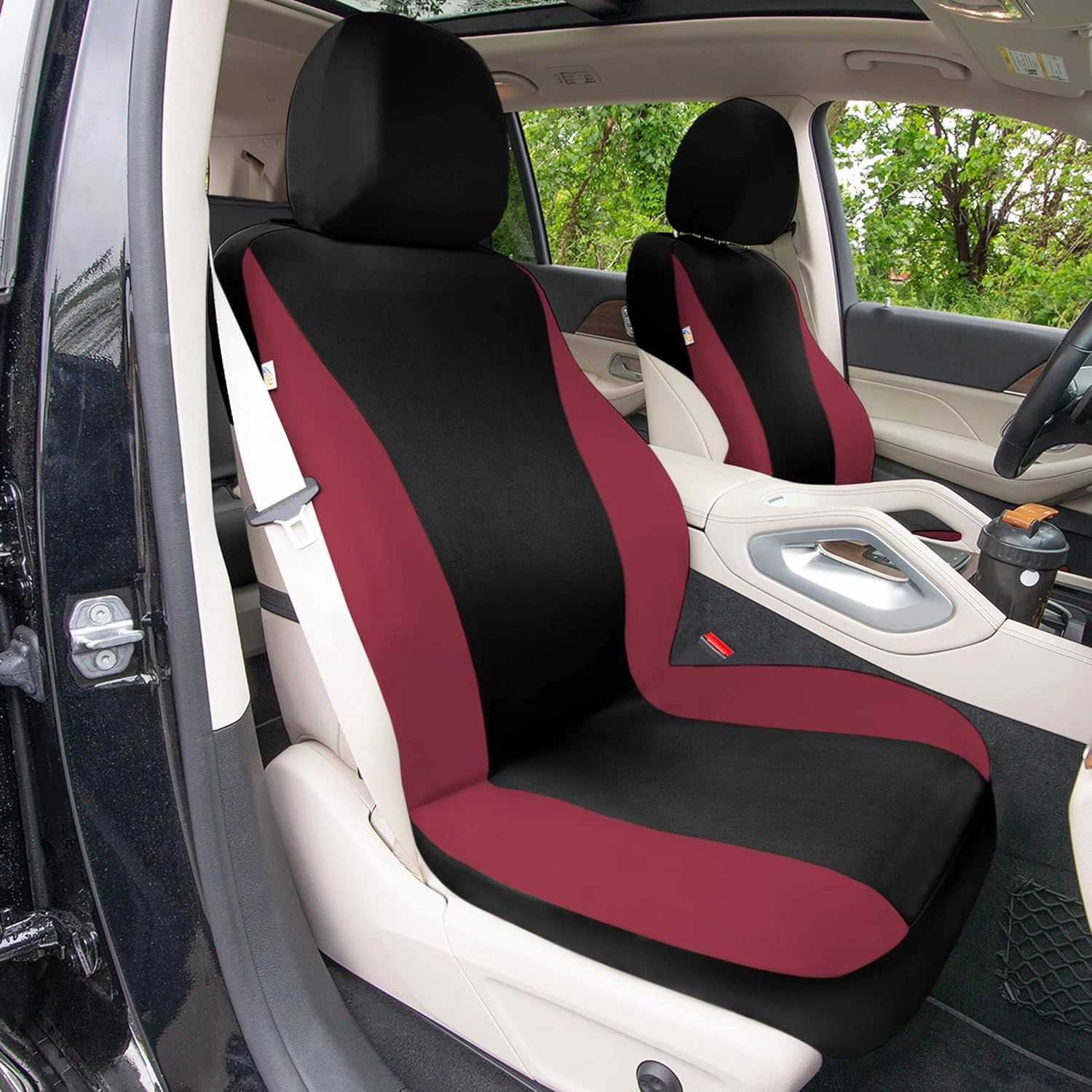 TLH Universal Fit Automotive Seat Covers Burgundy Cloth Car Seat Covers Full Set, Car Seat Protector Interior Accessories Classic Flat Cloth Car Seat Covers fit for Most Cars, Trucks, SUVs or Vans