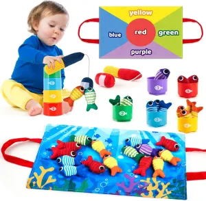 Toddler Montessori Toys for 1-3 Year Old Boy Girl, 23 Pcs Cloth Fishing Game Set with Double-Sided Mat, Learning Toys for Number & Color Sorting, Birthday Gifts for Babies & Toddlers