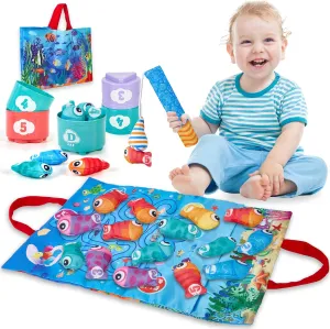 Toddler Toys Montessori Fish Toys for 1 2 Year Old Boy Girl Birthday Gift Fabric Fishing Game for Toddlers 1-3 Toys with Stacking Cups Number Counting Color Sorting Shape Learning for Baby Gifts