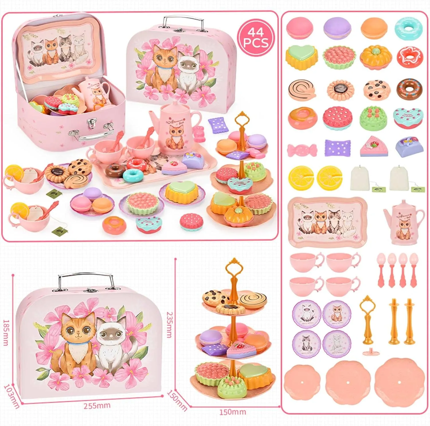 Toddler Toys Tea Party Set for Little Girls - Pretend Plastic Teapot Set, Princess Tea Time Play Kitchen Toy with Desserts, Carrying Case for Birthday and Easter Gifts - Kids Age 3-6