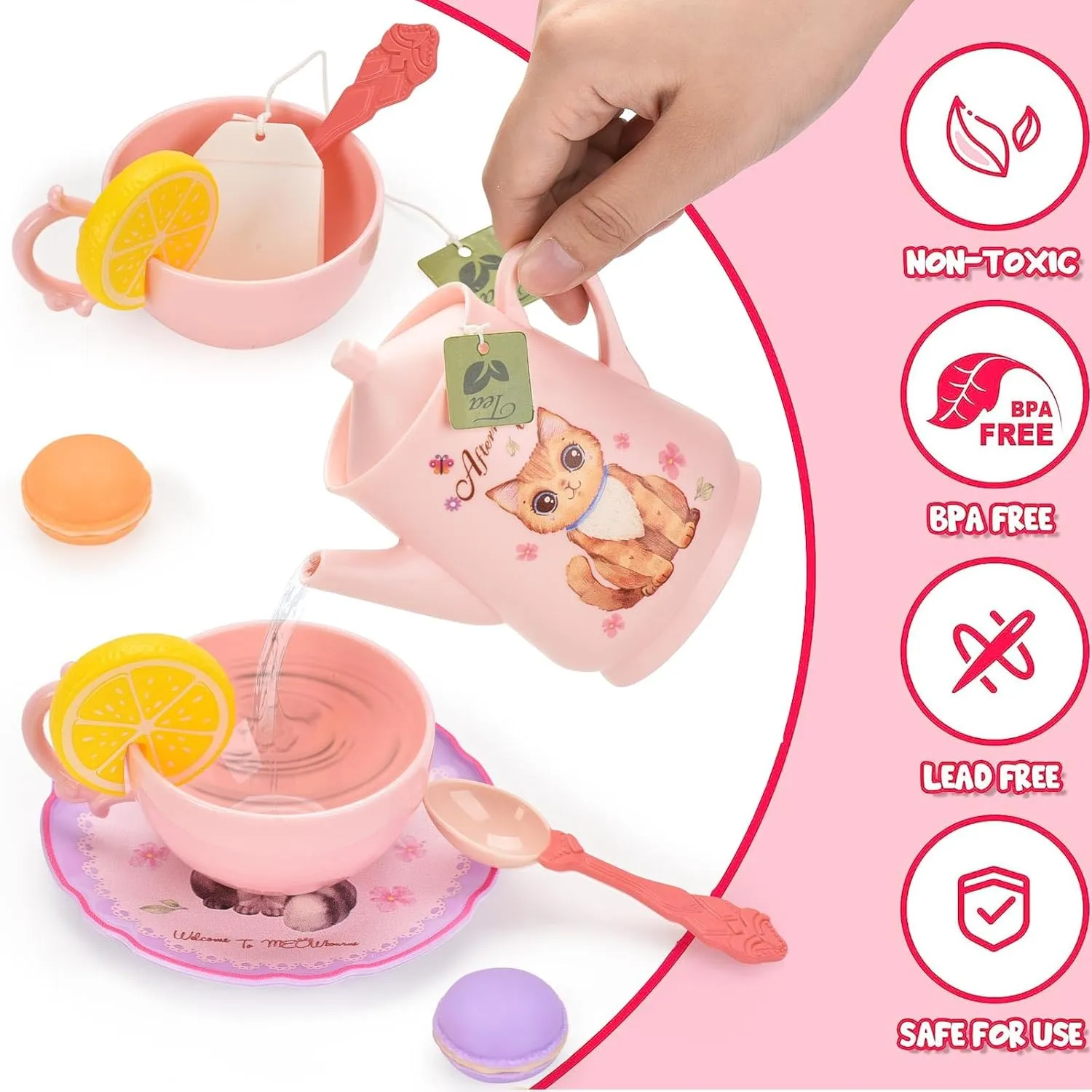 Toddler Toys Tea Party Set for Little Girls - Pretend Plastic Teapot Set, Princess Tea Time Play Kitchen Toy with Desserts, Carrying Case for Birthday and Easter Gifts - Kids Age 3-6