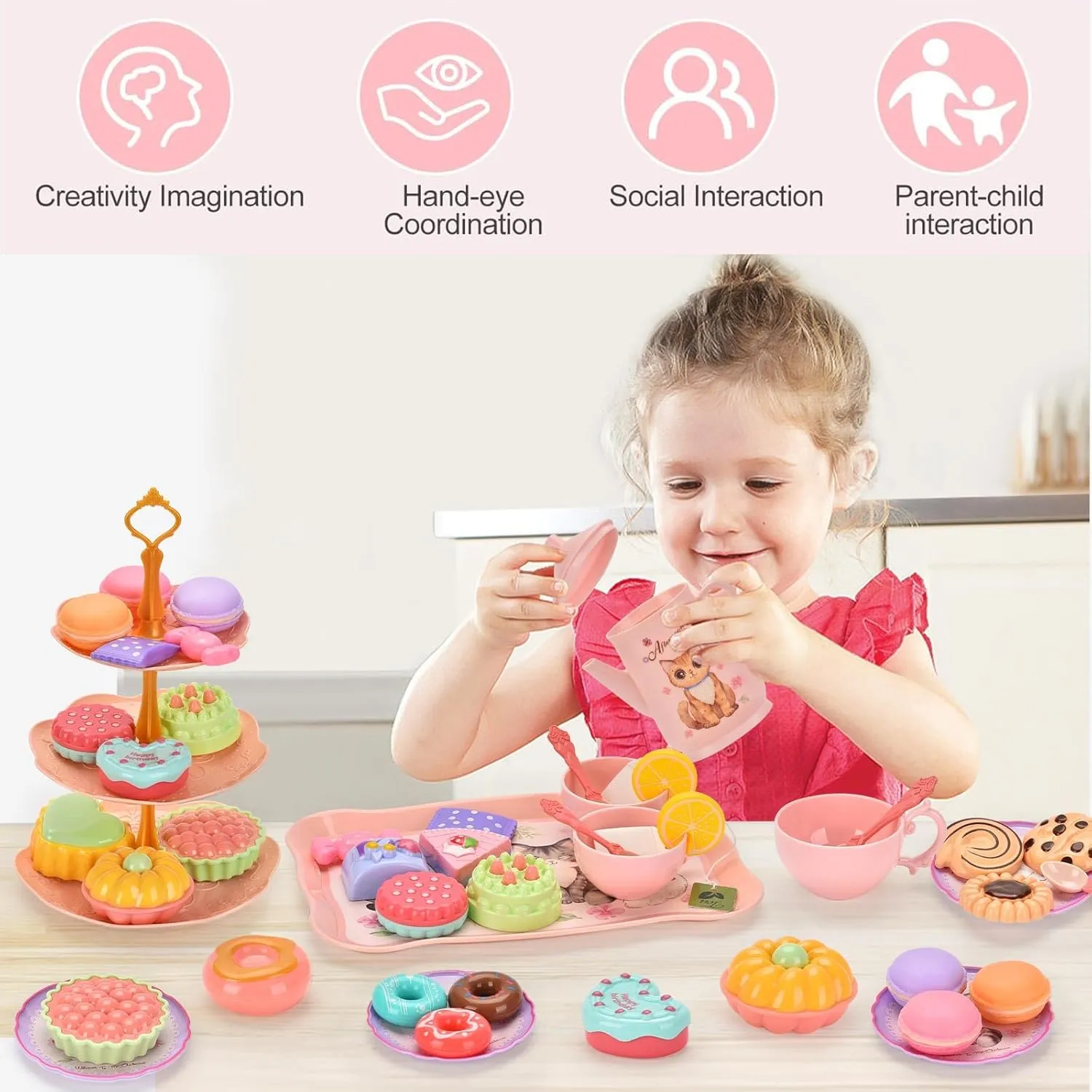 Toddler Toys Tea Party Set for Little Girls - Pretend Plastic Teapot Set, Princess Tea Time Play Kitchen Toy with Desserts, Carrying Case for Birthday and Easter Gifts - Kids Age 3-6