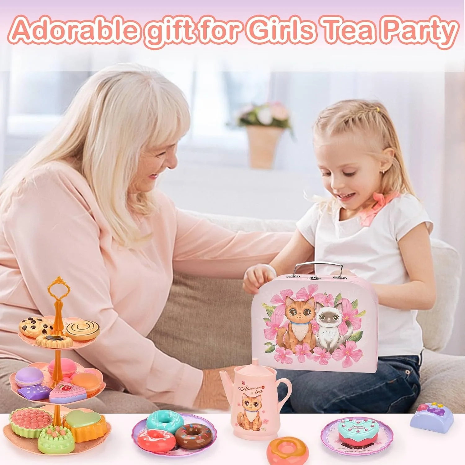 Toddler Toys Tea Party Set for Little Girls - Pretend Plastic Teapot Set, Princess Tea Time Play Kitchen Toy with Desserts, Carrying Case for Birthday and Easter Gifts - Kids Age 3-6