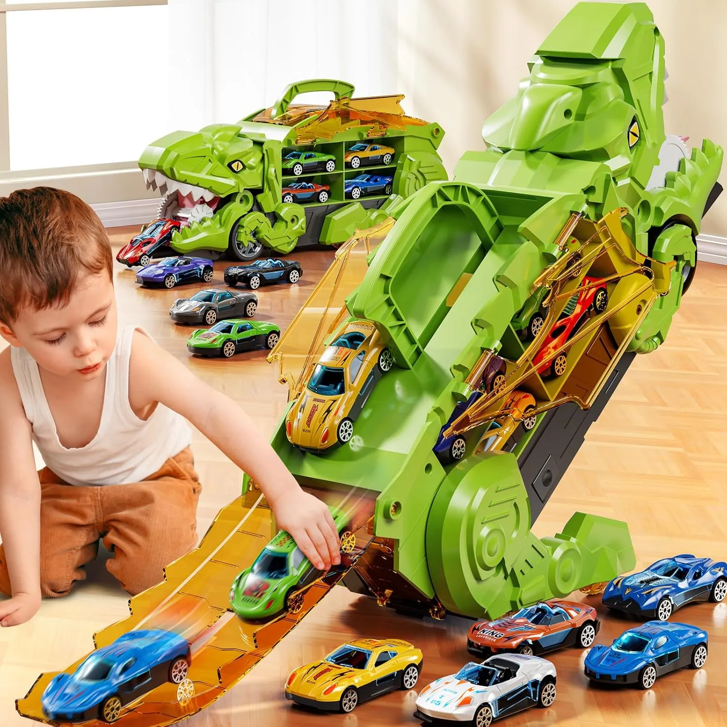 Toddler Truck Toys for Boys, Dinosaur Transporter Truck with 10 Die-Cast Car Toys, Transforms into Dino with Race Track, Toddler Car Track Set for 3 4 5 6 7 8 Years Old Kids Boys Girls