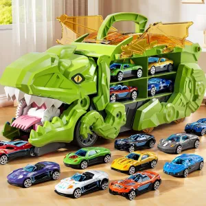 Toddler Truck Toys for Boys, Dinosaur Transporter Truck with 10 Die-Cast Car Toys, Transforms into Dino with Race Track, Toddler Car Track Set for 3 4 5 6 7 8 Years Old Kids Boys Girls