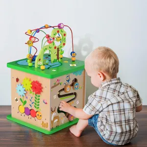 TOOKYLAND 5 in 1 Activity Center, Wooden Large Activity Play Cube, Wooden Learning Puzzle Toy for Toddlers, with Animal Friends, Shapes, Mazes, Shape Sorter