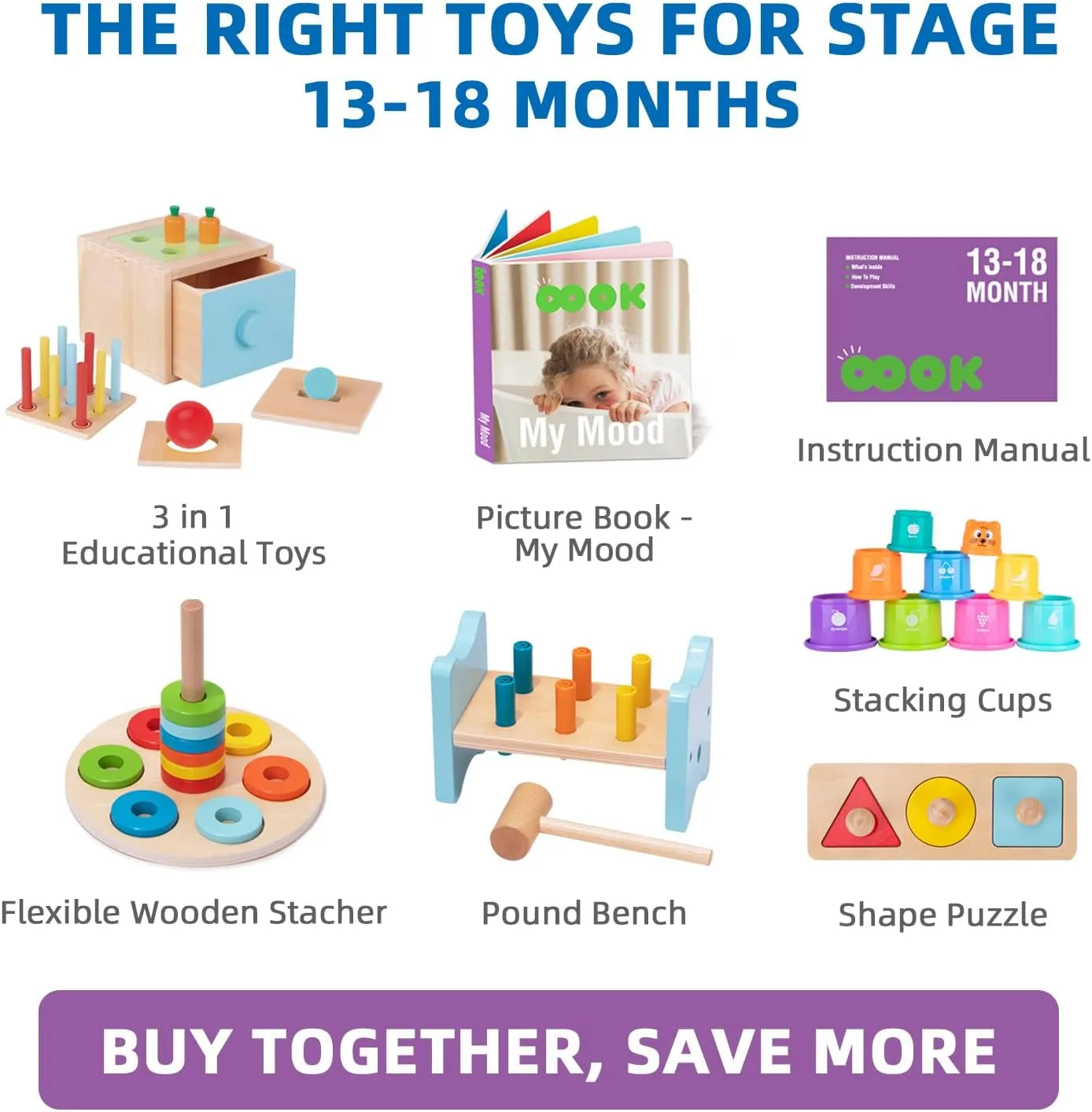 TOOKYLAND Early Learning Toy Bundle - 6 in 1 Box Educational Montessori Play Set; Wooden Toddler Toys 13-18 Months Old