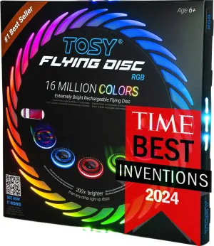 TOSY Flying Disc - 16 Million Colors RGB or 36 LEDs, Extremely Bright, Smart Modes, Camping Essentials for Teens/Kids/Adults/Men/Boys/Girls, Auto Light Up, Patented, Rechargeable, Waterproof, 175g