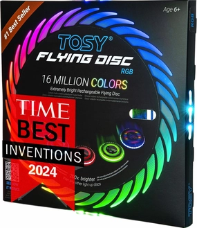 TOSY Flying Disc - 16 Million Colors RGB or 36 LEDs, Extremely Bright, Smart Modes, Camping Essentials for Teens/Kids/Adults/Men/Boys/Girls, Auto Light Up, Patented, Rechargeable, Waterproof, 175g