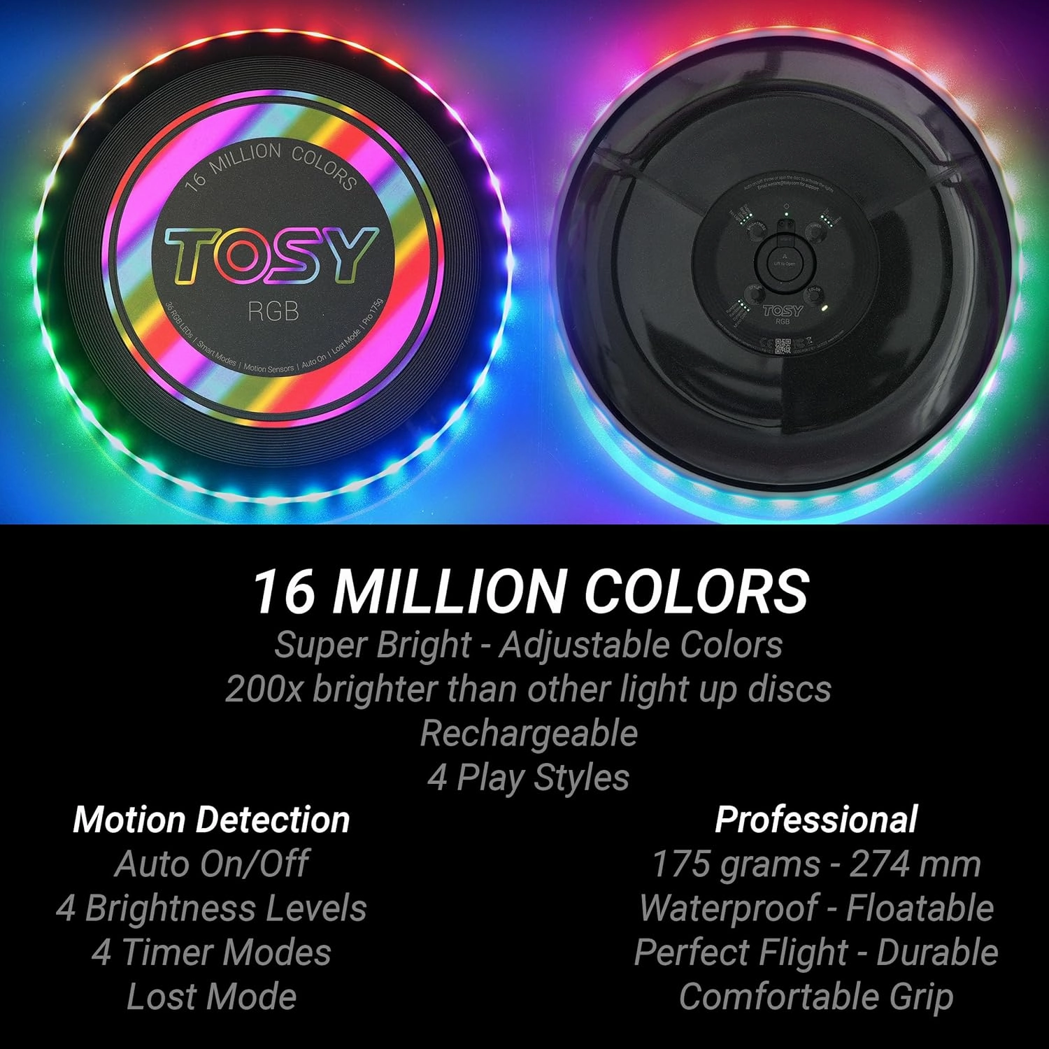 TOSY Flying Disc - 16 Million Colors RGB or 36 LEDs, Extremely Bright, Smart Modes, Camping Essentials for Teens/Kids/Adults/Men/Boys/Girls, Auto Light Up, Patented, Rechargeable, Waterproof, 175g
