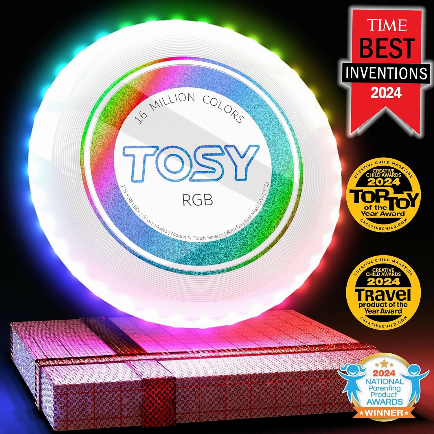 TOSY Flying Disc - 16 Million Colors RGB or 36 LEDs, Extremely Bright, Smart Modes, Camping Essentials for Teens/Kids/Adults/Men/Boys/Girls, Auto Light Up, Patented, Rechargeable, Waterproof, 175g