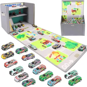 Toy Car Garage Box with Car Rug Play Mat Portable Kids Toy Storage Organizer for Playroom, Bedroom, Living Room Area Nursery Storage Bins for Boys and Girls