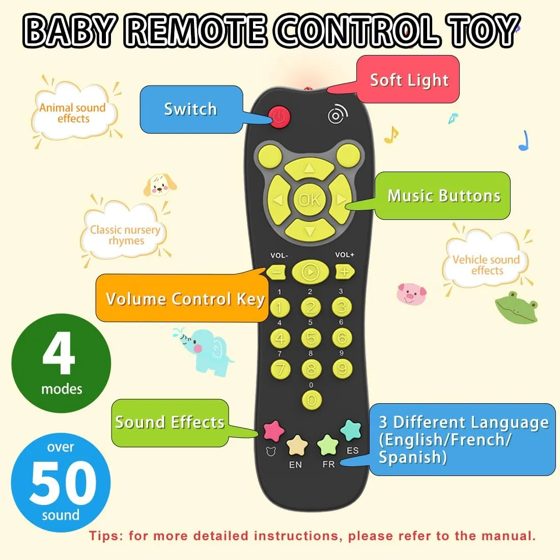 Toy Phone Baby Remote Control Toy Set, Play Phones TV Remote Control with Music Light for 6  Months, Early Learning Baby Toys Gift for 1 Year Old Boys Girls Kids Toddler Infant, English/Spanish, Black