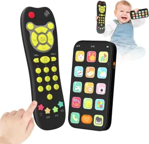Toy Phone Baby Remote Control Toy Set, Play Phones TV Remote Control with Music Light for 6  Months, Early Learning Baby Toys Gift for 1 Year Old Boys Girls Kids Toddler Infant, English/Spanish, Black