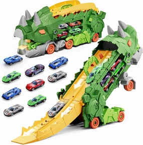 Triceratops City Toy Car Track Set, 11 in 1 Dinosaur Toys for Kids 3 4 5 6 7, Transforms into Stomping Standing Dinosaur Ultimate Hauler, City Dinosaur with Race Track Toddler Toys for Kids Ages 3 