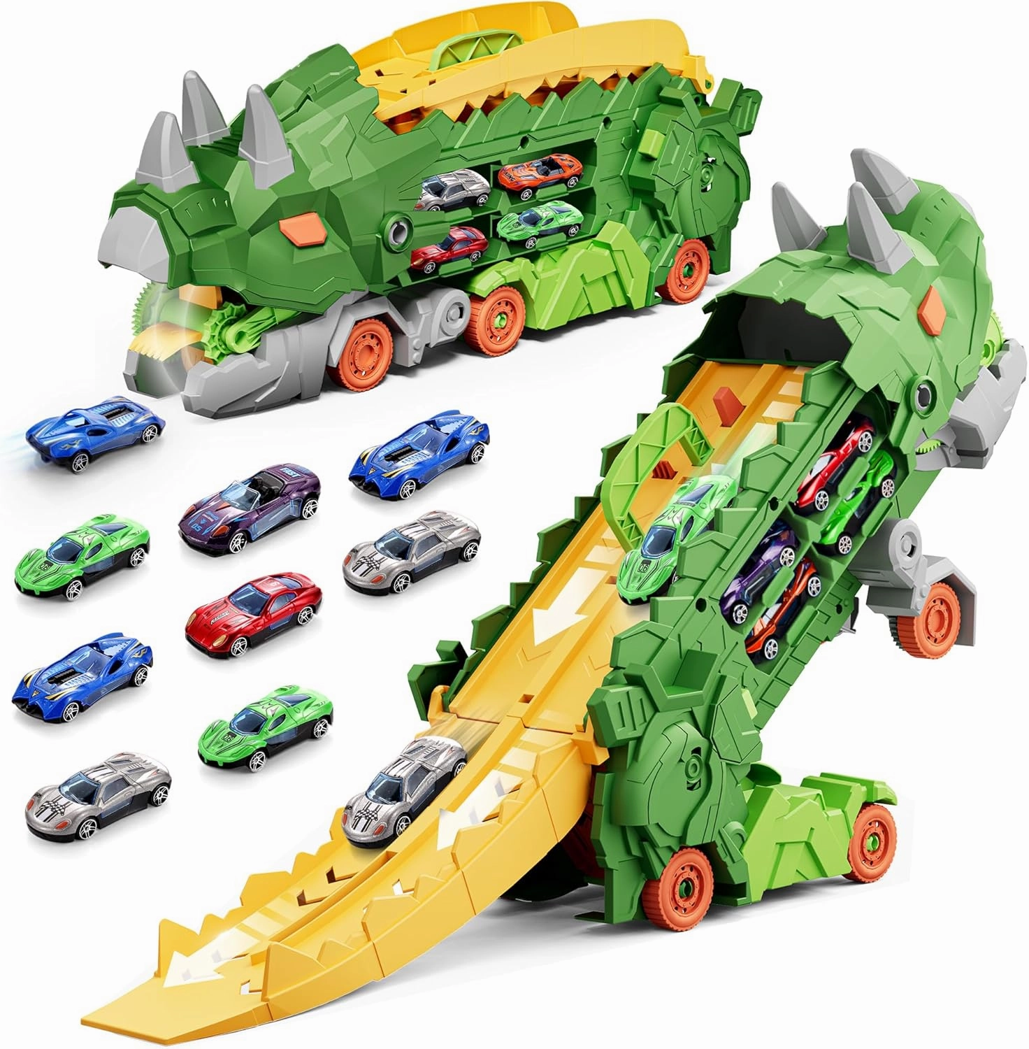 Triceratops City Toy Car Track Set, 11 in 1 Dinosaur Toys for Kids 3 4 5 6 7, Transforms into Stomping Standing Dinosaur Ultimate Hauler, City Dinosaur with Race Track Toddler Toys for Kids Ages 3 