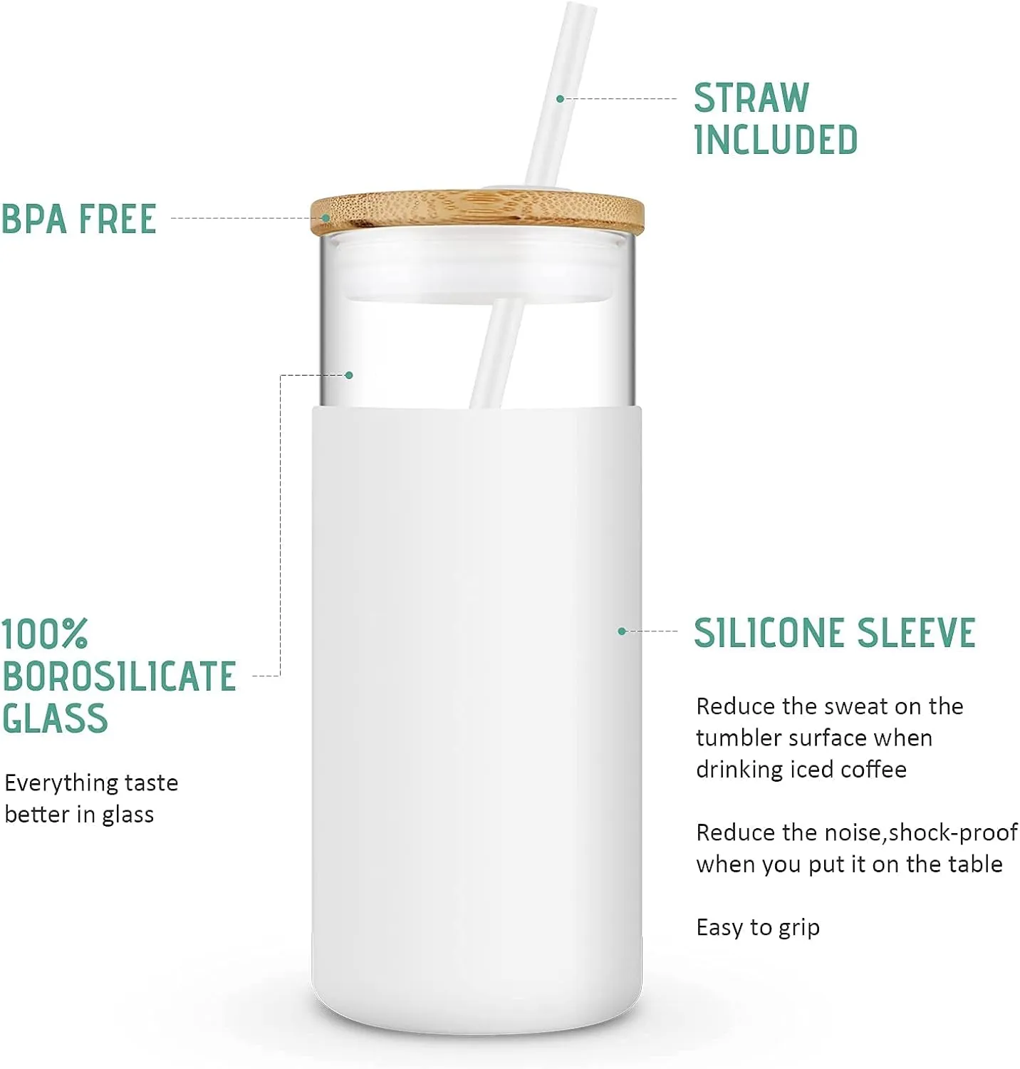 Tronco 20 oz Glass Tumbler with Lid & Straw - Iced Coffee Cup & Smoothie Cup With Silicone Sleeve | BPA-Free, Dishwasher Safe | Reusable Glass Cups with Bamboo Lids and Straws