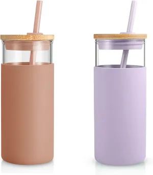 Tronco 20 oz Glass Tumbler with Lid & Straw - Iced Coffee Cup & Smoothie Cup With Silicone Sleeve | BPA-Free, Dishwasher Safe | Reusable Glass Cups with Bamboo Lids and Straws