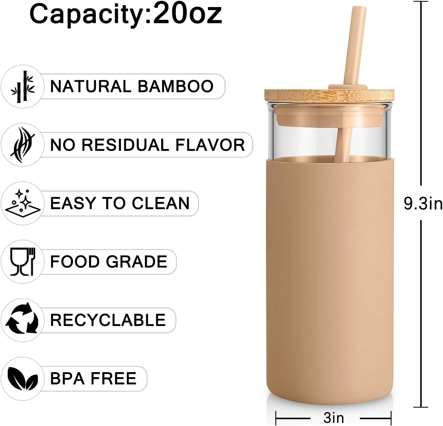 Tronco 20 oz Glass Tumbler with Lid & Straw - Iced Coffee Cup & Smoothie Cup With Silicone Sleeve | BPA-Free, Dishwasher Safe | Reusable Glass Cups with Bamboo Lids and Straws