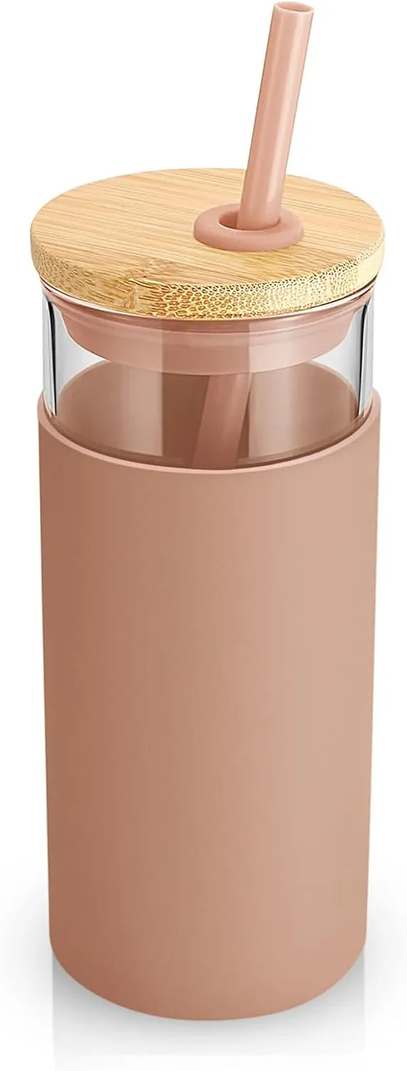 Tronco 20 oz Glass Tumbler with Lid & Straw - Iced Coffee Cup & Smoothie Cup With Silicone Sleeve | BPA-Free, Dishwasher Safe | Reusable Glass Cups with Bamboo Lids and Straws